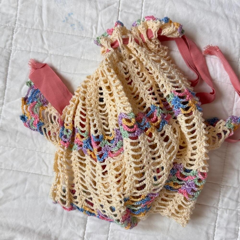 Pastel rainbow crochet apron pink ribbon‎ kitchen utility whimsical fairy